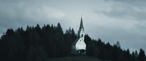 Preview wallpaper temple, forest, trees, overcast, clouds