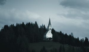 Preview wallpaper temple, forest, trees, overcast, clouds