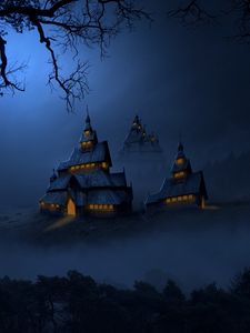 Preview wallpaper temple, night, fog, art, buildings, darkness