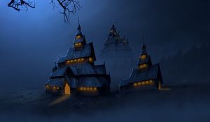 Preview wallpaper temple, night, fog, art, buildings, darkness