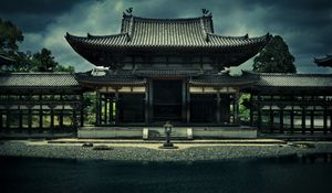 Preview wallpaper temple, phoenix ensemble, bedoin, japan, kyoto, architecture, building, pond, trees, overcast, sky