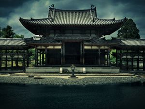 Preview wallpaper temple, phoenix ensemble, bedoin, japan, kyoto, architecture, building, pond, trees, overcast, sky
