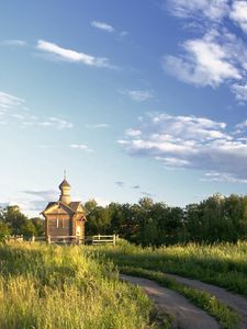 Preview wallpaper temple, road, country, field, trees