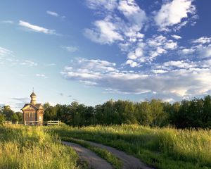 Preview wallpaper temple, road, country, field, trees