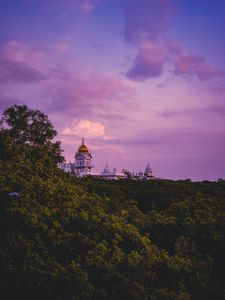 Preview wallpaper temple, trees, sunset, clouds, horizon