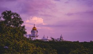 Preview wallpaper temple, trees, sunset, clouds, horizon