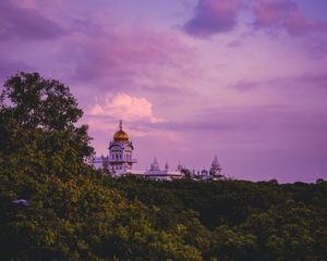 Preview wallpaper temple, trees, sunset, clouds, horizon