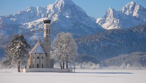 Preview wallpaper temple, winter, mountains, white, snow