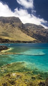 Preview wallpaper tenerif, spain, mountains, gulf, stones, fisherman, sky, clouds, clearly