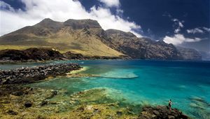 Preview wallpaper tenerif, spain, mountains, gulf, stones, fisherman, sky, clouds, clearly