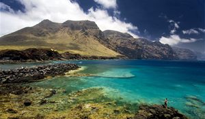 Preview wallpaper tenerif, spain, mountains, gulf, stones, fisherman, sky, clouds, clearly