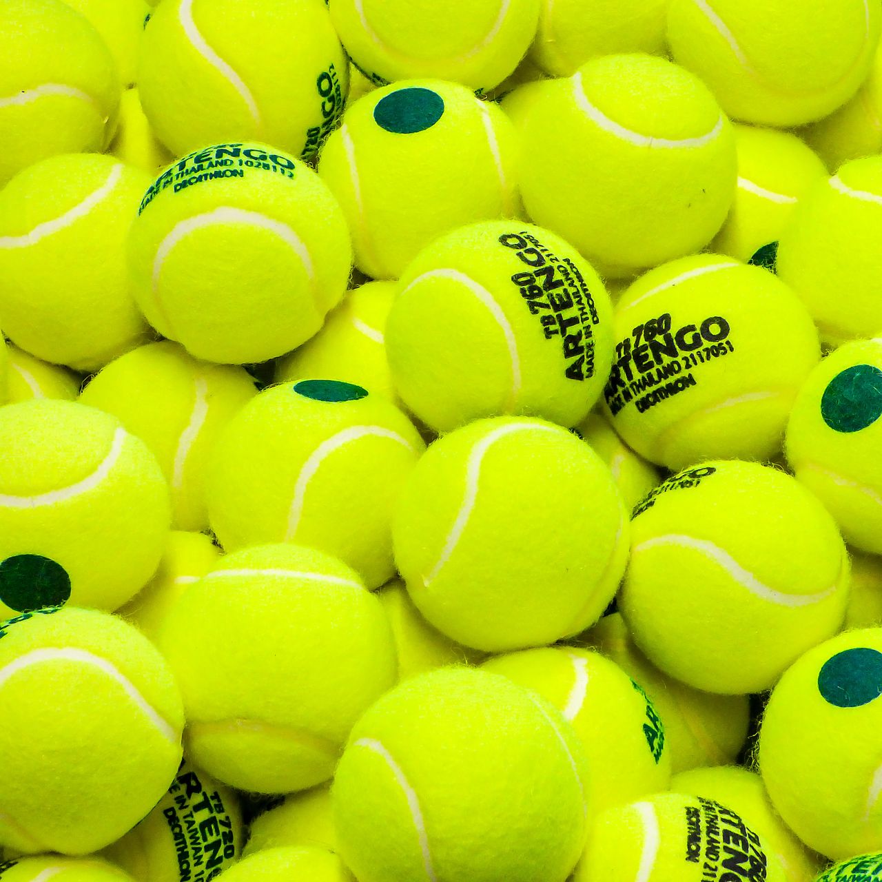 1280x1280 Wallpaper tennis, balls, sport, lime green, yellow