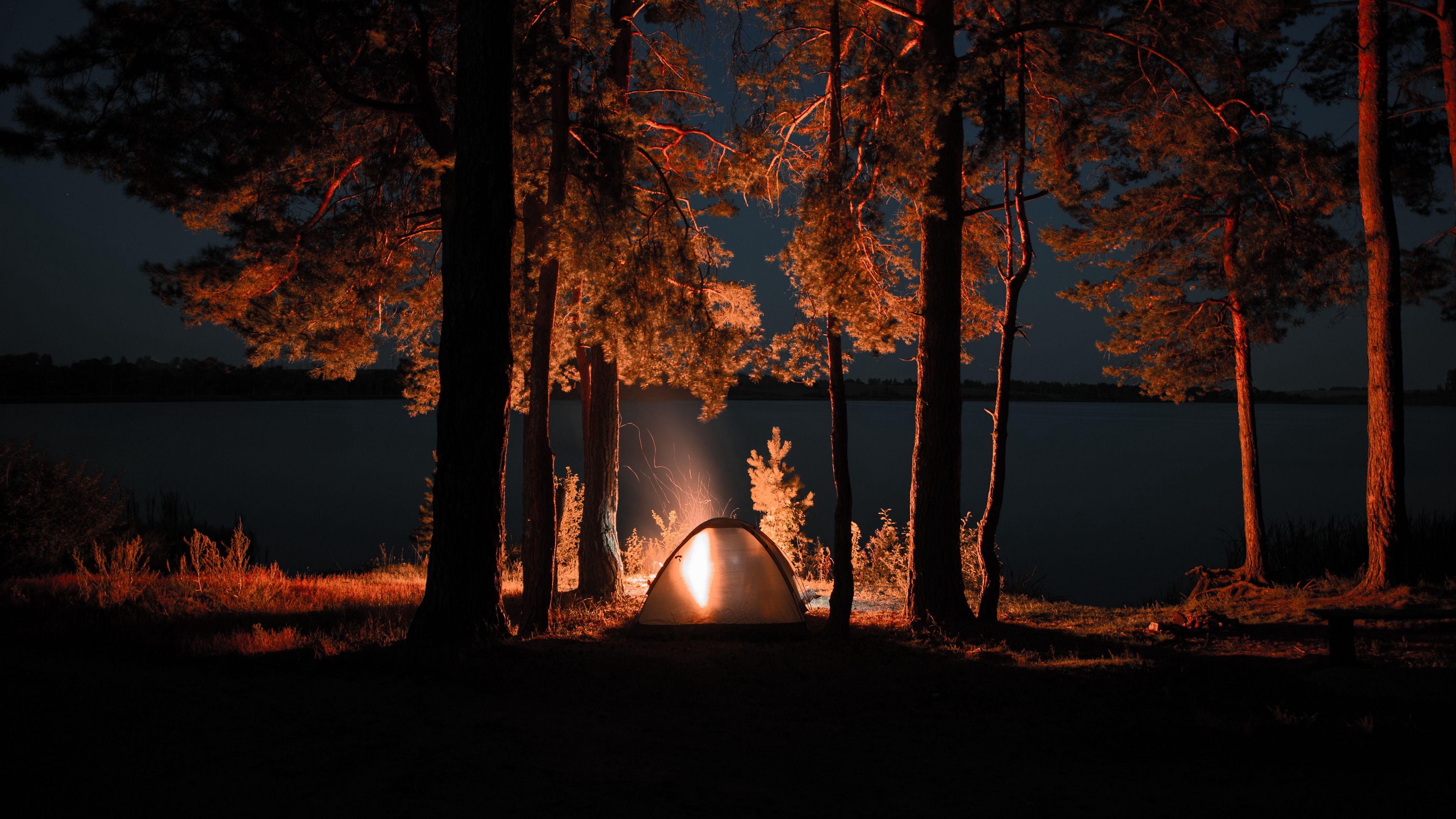 Download wallpaper 3840x2160 tent, campfire, camping, night, nature 4k uhd  16:9 hd background