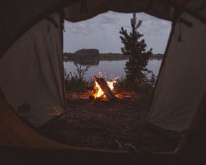 Preview wallpaper tent, campfire, camping, fire, sparks