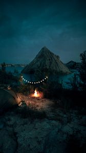 Preview wallpaper tent, camping, campfire, garland, rocks