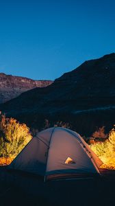 Preview wallpaper tent, camping, mountains, sunset