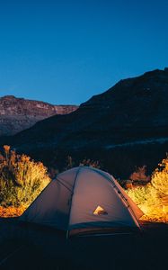 Preview wallpaper tent, camping, mountains, sunset