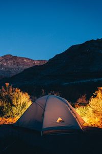 Preview wallpaper tent, camping, mountains, sunset