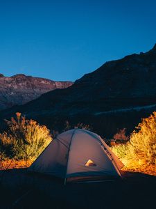 Preview wallpaper tent, camping, mountains, sunset