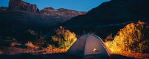 Preview wallpaper tent, camping, mountains, sunset