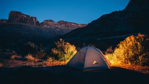 Preview wallpaper tent, camping, mountains, sunset