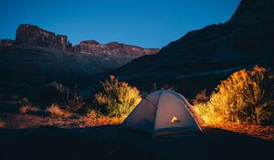 Preview wallpaper tent, camping, mountains, sunset