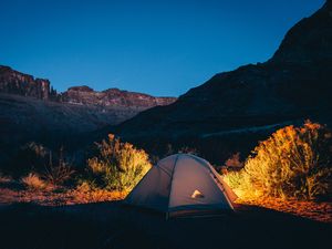 Preview wallpaper tent, camping, mountains, sunset