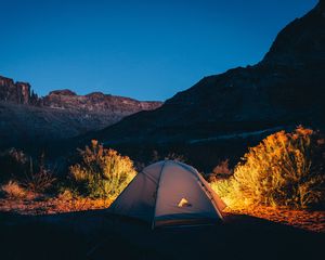 Preview wallpaper tent, camping, mountains, sunset