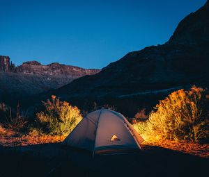 Preview wallpaper tent, camping, mountains, sunset