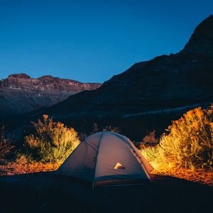 Preview wallpaper tent, camping, mountains, sunset