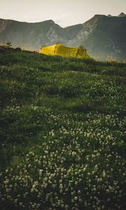 Preview wallpaper tent, camping, mountains, grass, nature