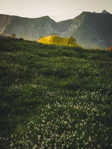 Preview wallpaper tent, camping, mountains, grass, nature