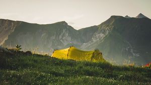 Preview wallpaper tent, camping, mountains, grass, nature