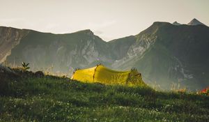 Preview wallpaper tent, camping, mountains, grass, nature