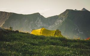 Preview wallpaper tent, camping, mountains, grass, nature