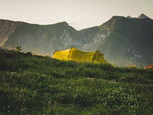 Preview wallpaper tent, camping, mountains, grass, nature