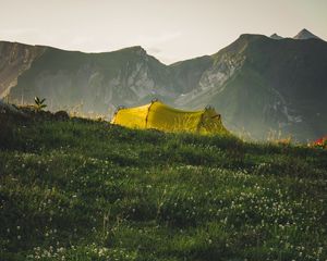 Preview wallpaper tent, camping, mountains, grass, nature