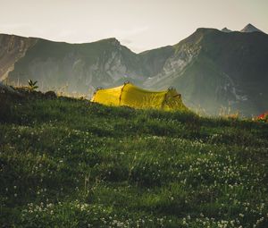 Preview wallpaper tent, camping, mountains, grass, nature