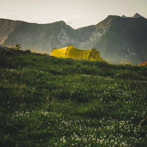 Preview wallpaper tent, camping, mountains, grass, nature