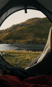 Preview wallpaper tent, camping, mountains, nature, river