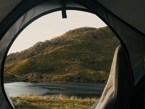 Preview wallpaper tent, camping, mountains, nature, river