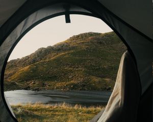 Preview wallpaper tent, camping, mountains, nature, river