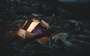 Preview wallpaper tent, camping, mountains, nature, night