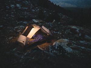 Preview wallpaper tent, camping, mountains, nature, night