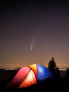 Preview wallpaper tent, camping, mountains, nature, night, starry sky