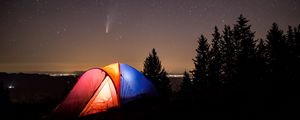 Preview wallpaper tent, camping, mountains, nature, night, starry sky