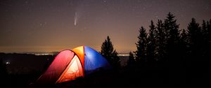 Preview wallpaper tent, camping, mountains, nature, night, starry sky