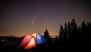 Preview wallpaper tent, camping, mountains, nature, night, starry sky