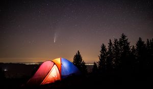 Preview wallpaper tent, camping, mountains, nature, night, starry sky