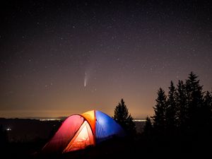 Preview wallpaper tent, camping, mountains, nature, night, starry sky